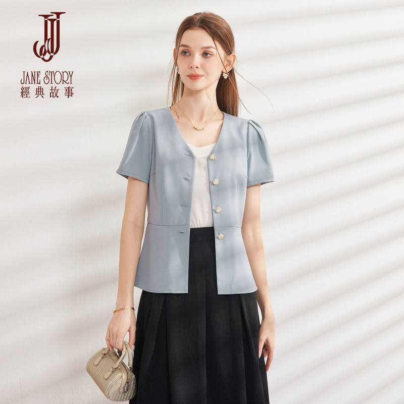 夏季修身无领小西装上衣女2026新款气质短袖西服外套设计感小众