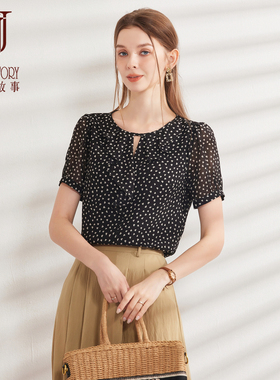 经典故事2026新款夏季黑色雪纺衫宽松法式小众印花衬衫女短袖上衣