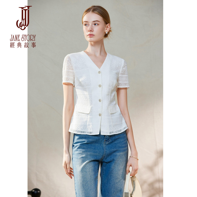 经典故事高端白色小西装2026新款女夏季短袖V领蕾丝西服外套薄款