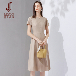 法式极简风连衣裙女2026新款夏季圆领收腰显瘦裙子通勤纯色中长裙