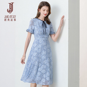 经典故事法式薄款雪纺裙女2026夏季新款淑女气质荷叶袖印花连衣裙