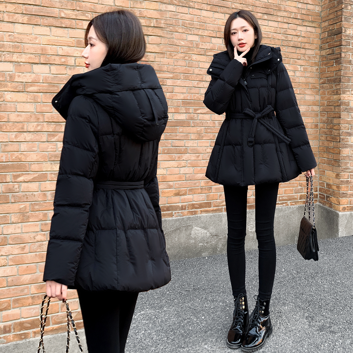 2025冬新款女装白鸭绒羽绒服女中长款收腰连帽小个子保暖加厚外套