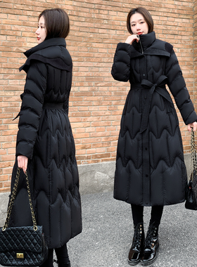 2025冬季新款女装长款羽绒服女黑色白鸭绒假两件过膝加厚保暖外套