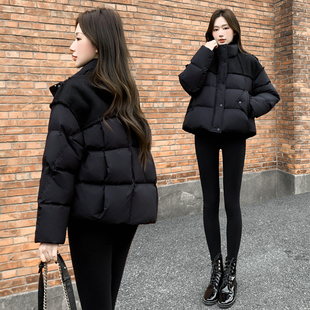 2025冬季新款女装短款羽绒服女黑色立领宽松拼接显瘦加厚保暖外套