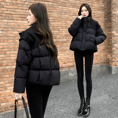 2025冬季新款女装短款羽绒服女黑色立领宽松拼接显瘦加厚保暖外套