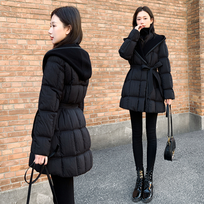 2025冬季新款女装连帽羽绒服女中长款时尚洋气宽松白鸭绒拼接外套