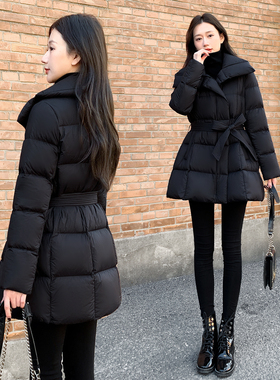 2025年新款女装冬季修身收腰中长款羽绒服女黑色90白鸭绒外套翻领