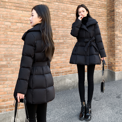 2025年新款女装冬季修身收腰中长款羽绒服女黑色90白鸭绒外套翻领