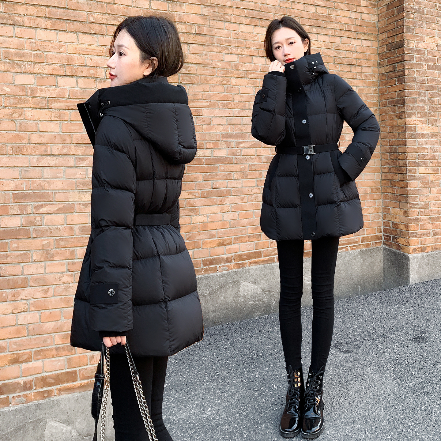 2025新款女装冬季修身收腰中长款羽绒服女黑色连帽加厚外套白鸭绒