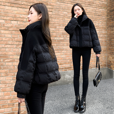 2025新款女装冬季宽松短款羽绒服女小个子黑色毛呢拼接白鸭绒外套