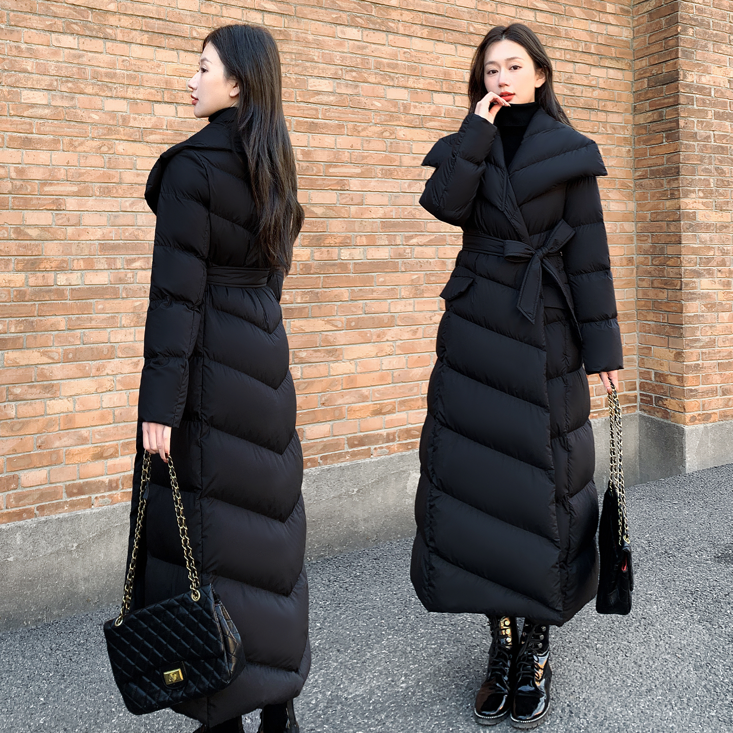 2025年冬季新款女装翻领长款羽绒服女黑色过膝收腰白鸭绒保暖外套