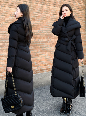 2025新款女装冬季修身收腰超长款羽绒服女黑色过膝白鸭绒外套翻领