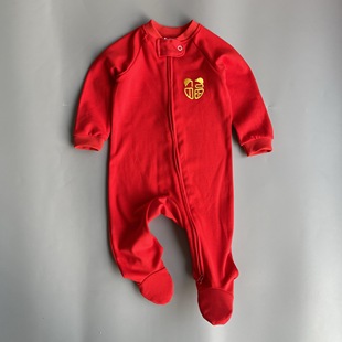婴儿大红色连体衣拉链纯棉新生儿过年衣服宝宝百日拍照爬服连袜子