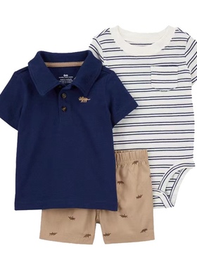 卡特外贸童装男孩短袖短裤哈衣三件套纯棉宝宝夏天T恤包屁衣套装