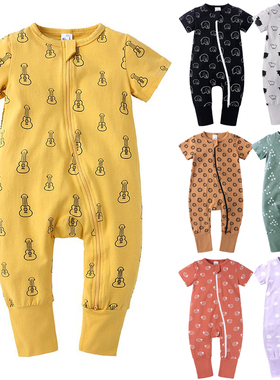 欧美童装宝宝短袖长裤连体衣夏季双头拉链ins款外贸婴儿空调爬服