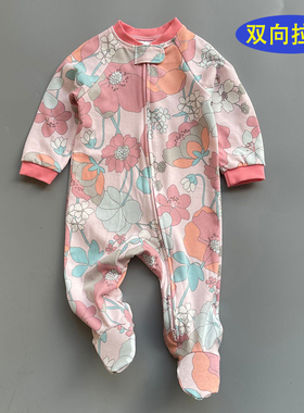 外贸包脚拉链婴儿服全棉A类哈衣带脚袜宝宝双向拉锁睡衣连袜子ins