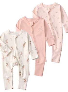 婴儿可包手包脚连体衣双头拉链纯棉防抓脸宝宝可爱哈衣爬服ins风