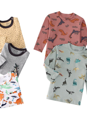 mamapapas儿童秋衣纯棉春秋男孩夹克衬衫肩开扣宝宝恐龙印花衣服