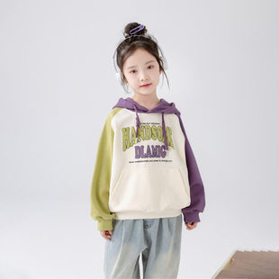 女童2026春秋季新款时尚插肩袖连帽卫衣儿童中大童宽松纯棉上衣潮