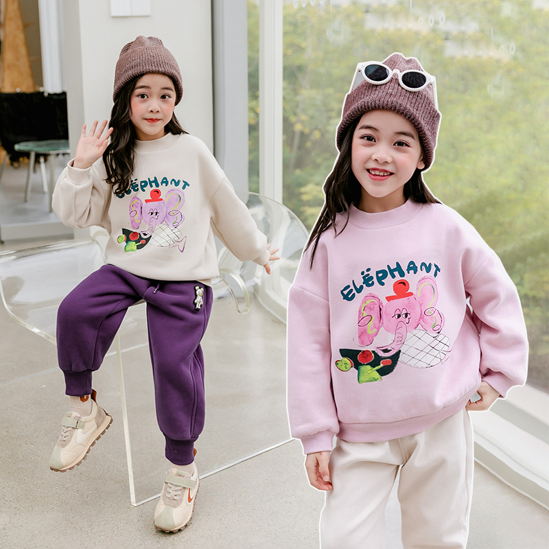 哈依鲁女童冬季一体绒卡通卫衣