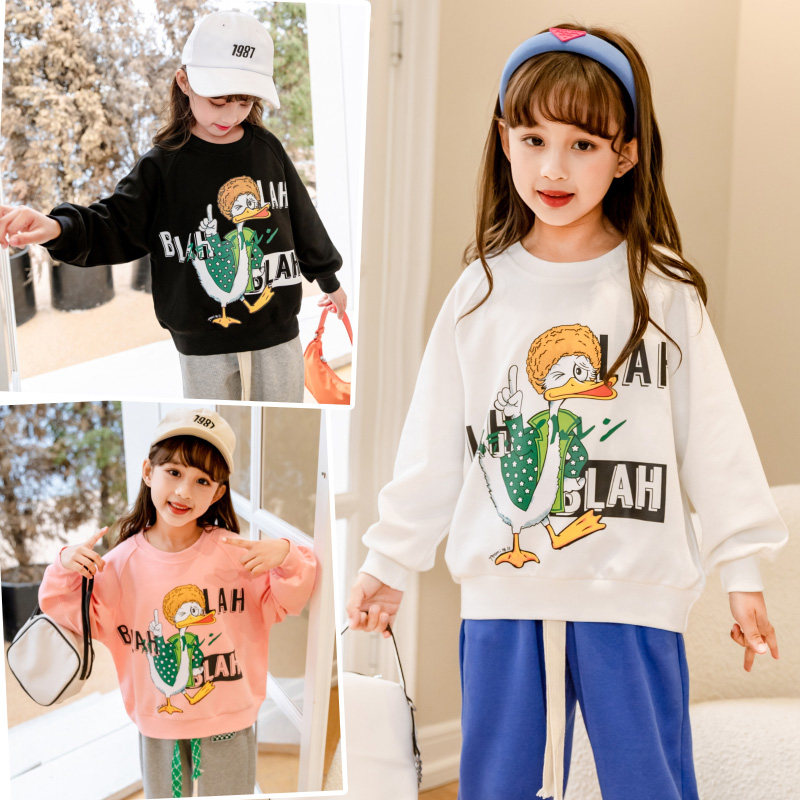 女童春秋季宽松版卡通套头纯棉时尚休闲卫衣儿童中大童小学生上衣