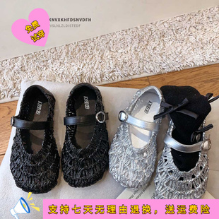 可吉春夏季编织银色童鞋-岁女儿童罗马凉鞋镂空透气女童公