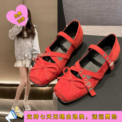 韩式红色蝴蝶结玛丽珍鞋女年春季