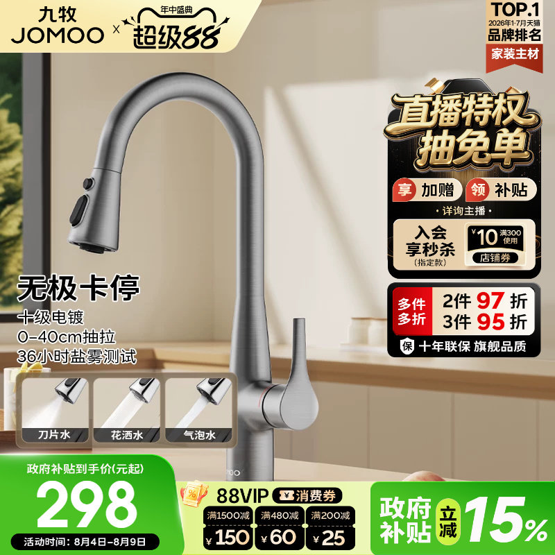 【政府补贴15%】九牧水龙头抽拉式厨房水槽冷热洗菜盆悬停防溅 - 实物图