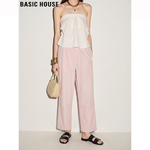 House 九分阔腿裤 百家好粉色刺绣直筒休闲裤 新款 女2026春季 Basic