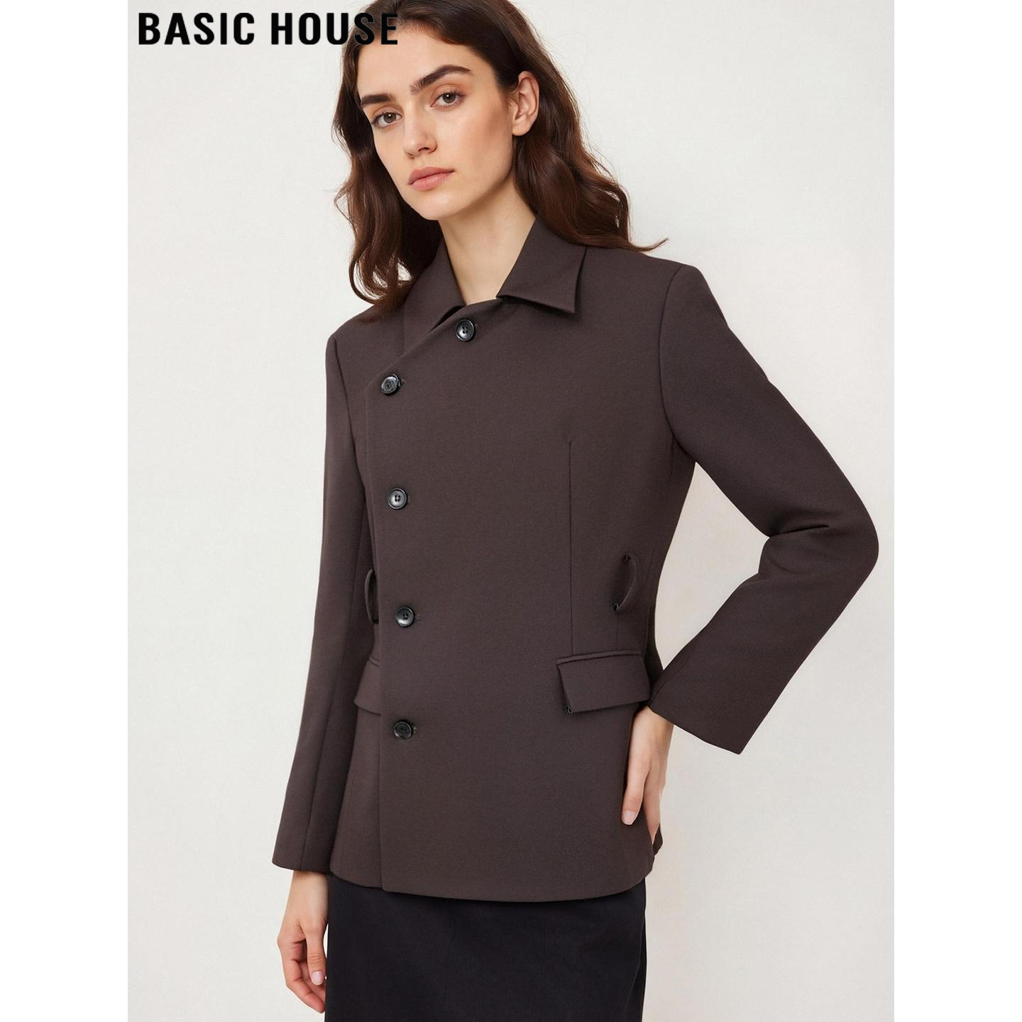 Basic House/百家好深棕色西装外套女春季高端设计感系带收腰西服