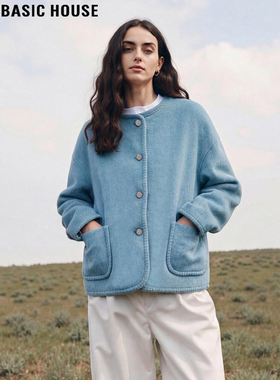Basic House/百家好蓝色圆领羊毛呢外套女冬季小个子加厚短款上衣