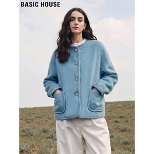 Basic House/百家好蓝色圆领羊毛呢外套女冬季小个子加厚短款上衣