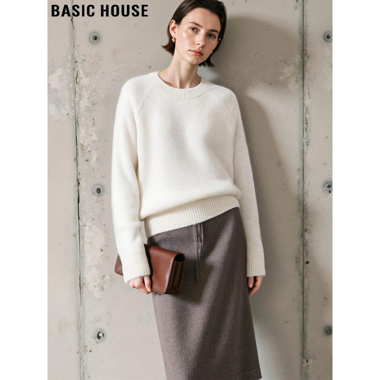 Basic House/百家好100%羊毛白色圆领针织衫女冬宽松软糯内搭毛衣,女装/女士精品,毛针织衫,淘宝优惠券,粉丝福利购,淘宝优惠卷