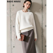百家好100%羊毛白色圆领针织衫 Basic House 女冬宽松软糯内搭毛衣