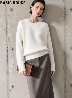 Basic House/百家好100%羊毛白色圆领针织衫女冬宽松软糯内搭毛衣