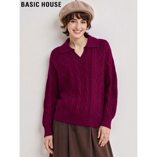 Basic House/百家好高级感红色翻领羊绒衫女冬季加厚羊毛麻花毛衣