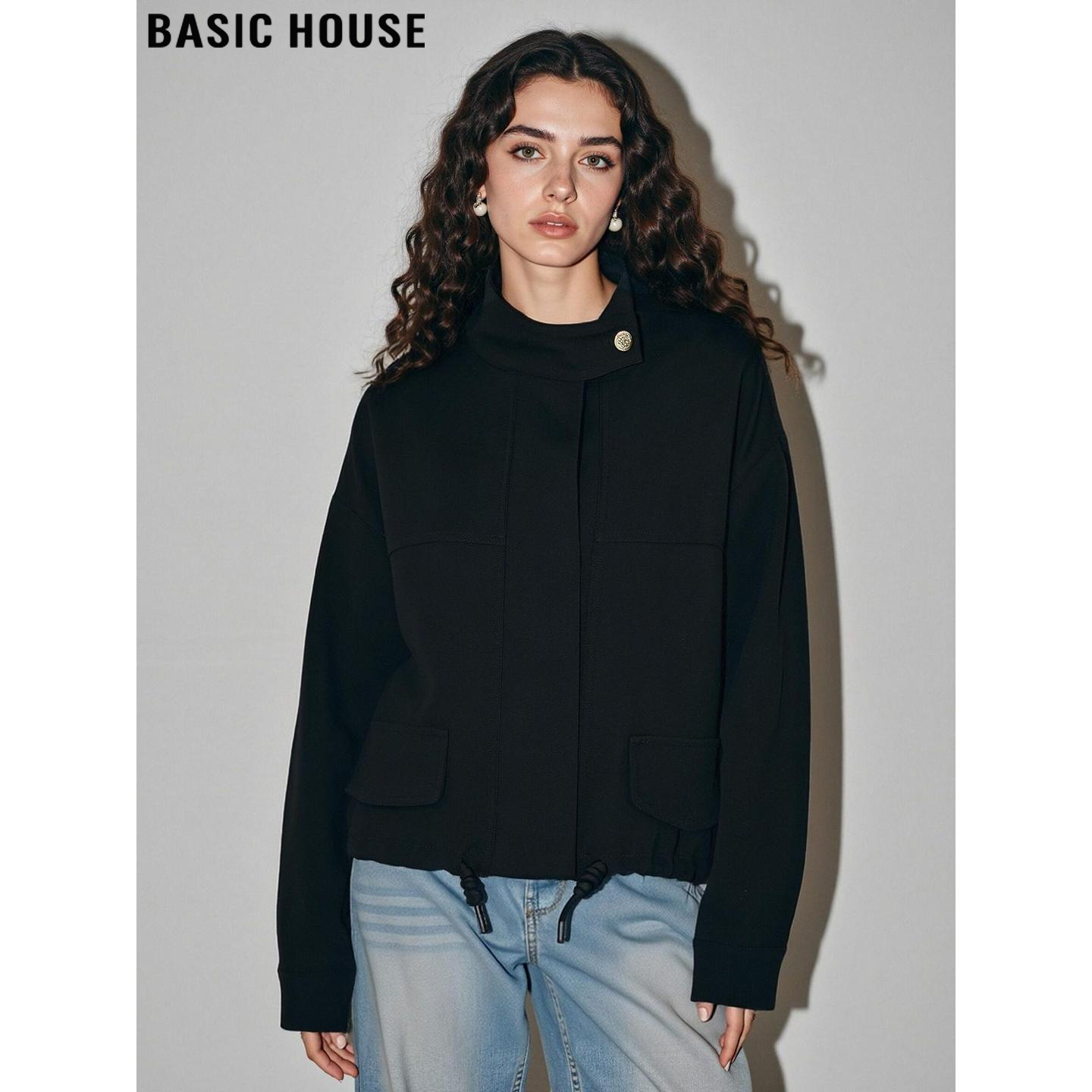 Basic House/百家好黑色立领工装外套女2026春季新款宽松短款夹克,女装/女士精品,短外套,淘宝优惠券,粉丝福利购,淘宝优惠卷