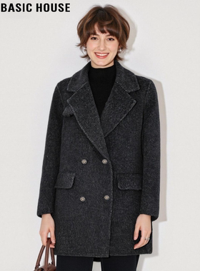 Basic House/百家好双面羊毛大衣女冬季廓形中长款西装领毛呢外套