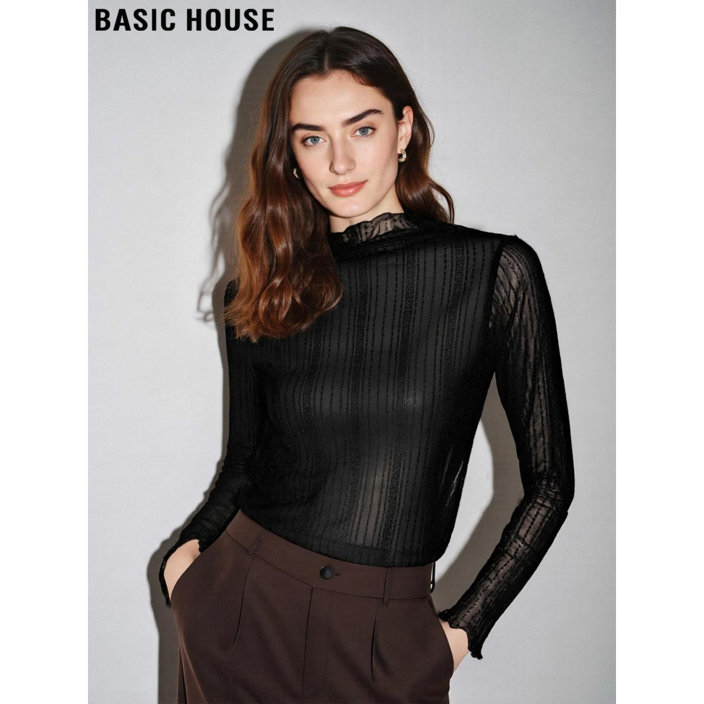 Basic House/百家好亮丝蕾丝高领打底衫女士冬季内搭网纱长袖T恤,女装/女士精品,T恤,淘宝优惠券,粉丝福利购,淘宝优惠卷