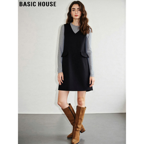 百家好含羊毛黑色V领无袖连衣裙