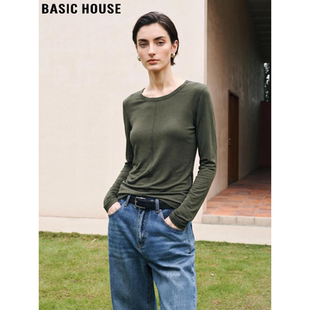 军绿色长袖 Basic T恤女春季 百家好天丝圆领罩衫 防晒薄上衣 House