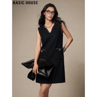 Basic House/百家好黑色V领小香风羊毛无袖背心裙女2026春季新款