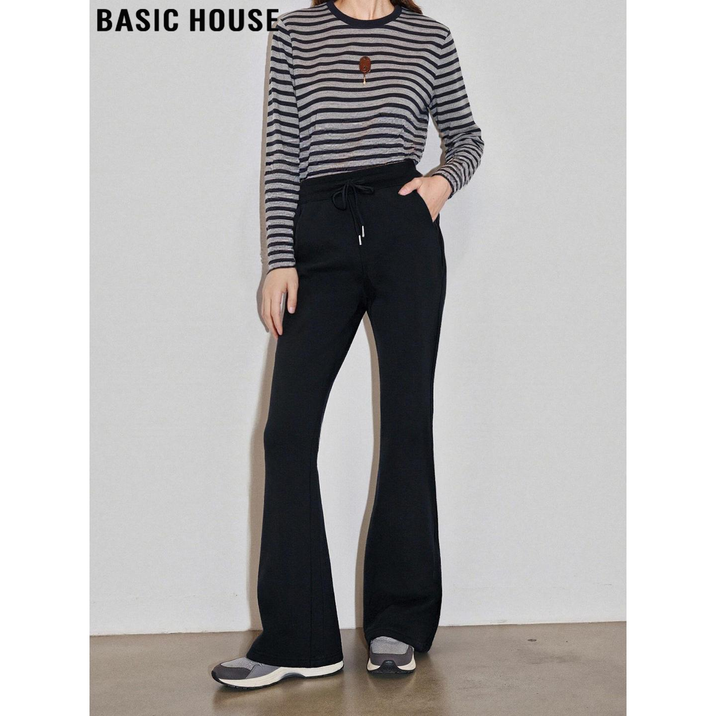 Basic House/百家好黑色微喇运动裤女士冬季加绒加厚高腰拖地卫裤