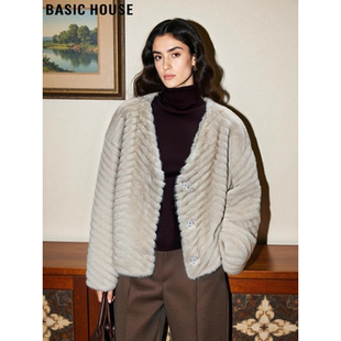 Basic House/百家好米黄色V领环保皮草女冬高级感加厚毛茸茸外套