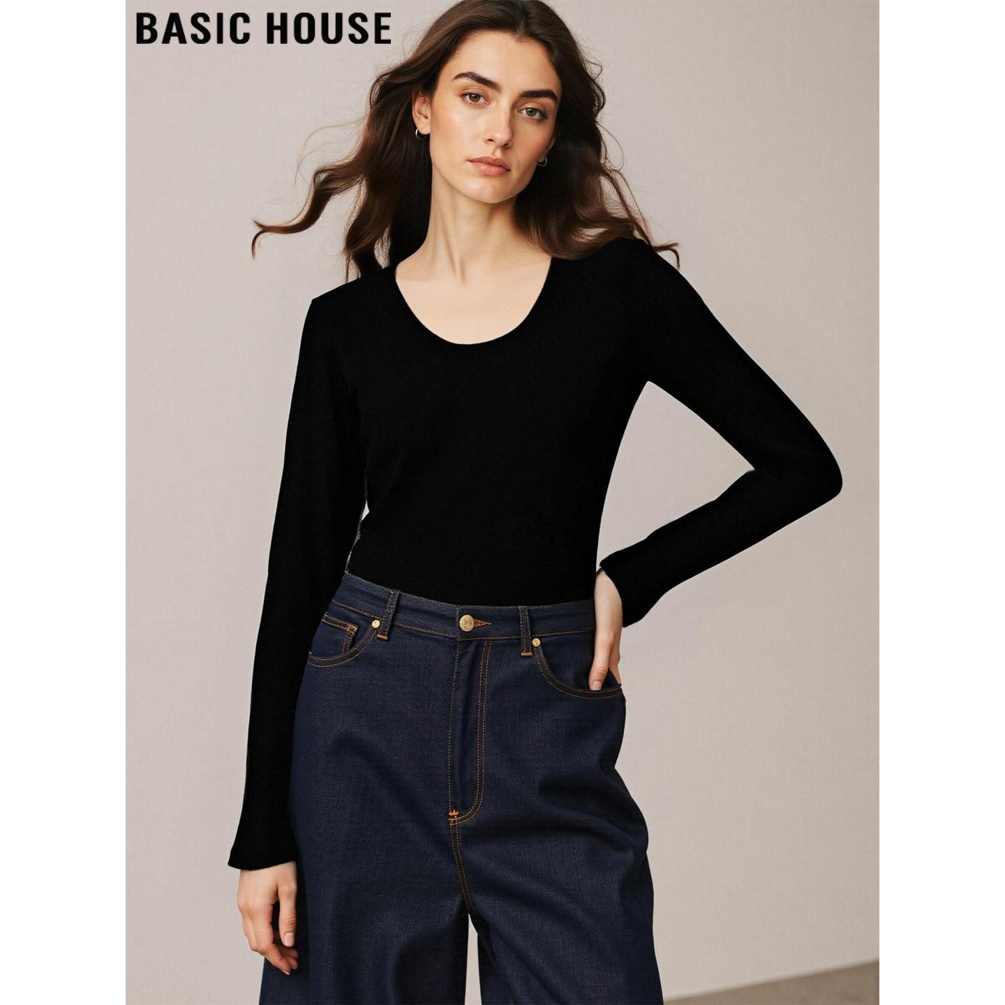 黑色U领长袖T恤加绒修身打底衫女