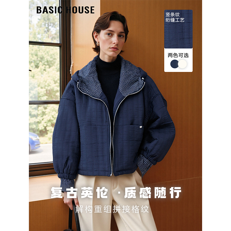 格纹拼接连帽棉衣加厚棉服外套女