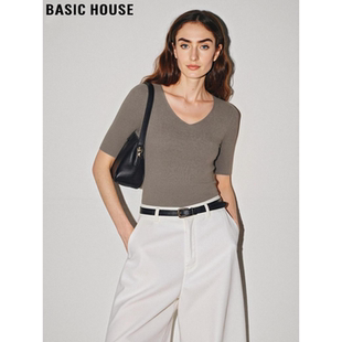针织衫 百家好岩铁灰冰丝短袖 女夏季 修身 上衣 Basic V领半袖 House
