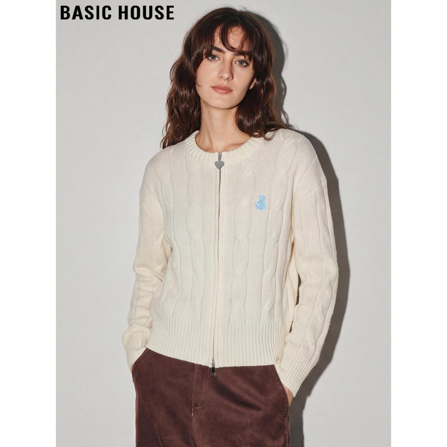 Basic House/百家好小熊刺绣拉链针织开衫女2026春季新款麻花外套