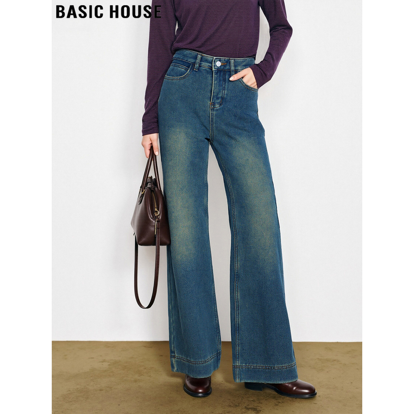 Basic House/百家好复古蓝加绒直筒微喇牛仔裤女2026春季高腰裤子