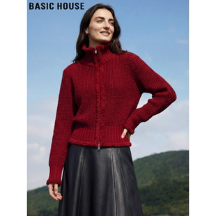 Basic House/百家好红色羊毛针织开衫女2026春季新款软糯拉链外套
